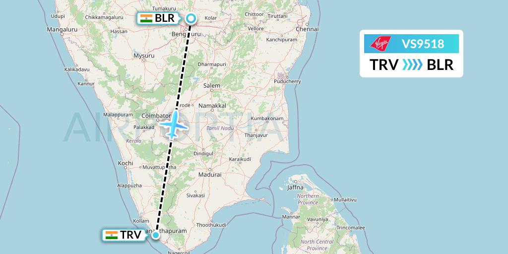 VS9518 Virgin Atlantic Airways Flight Map: Thiruvananthapuram to Bangalore