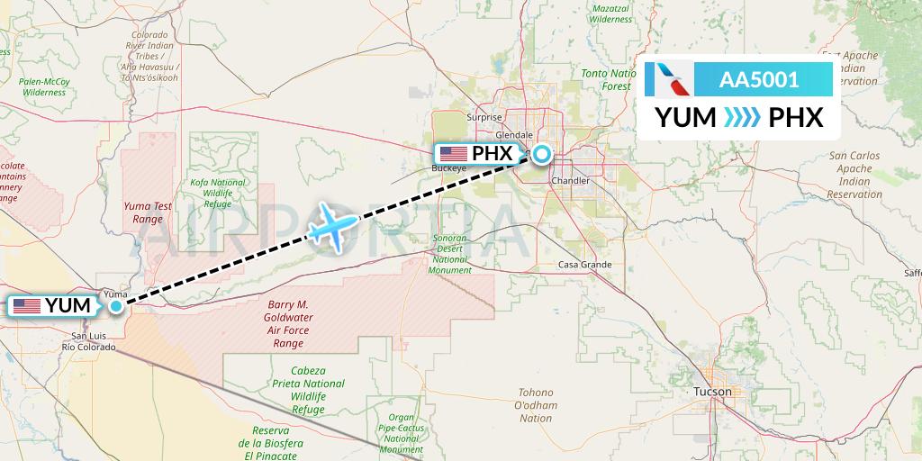 AA5001 American Airlines Flight Map: Yuma to Phoenix