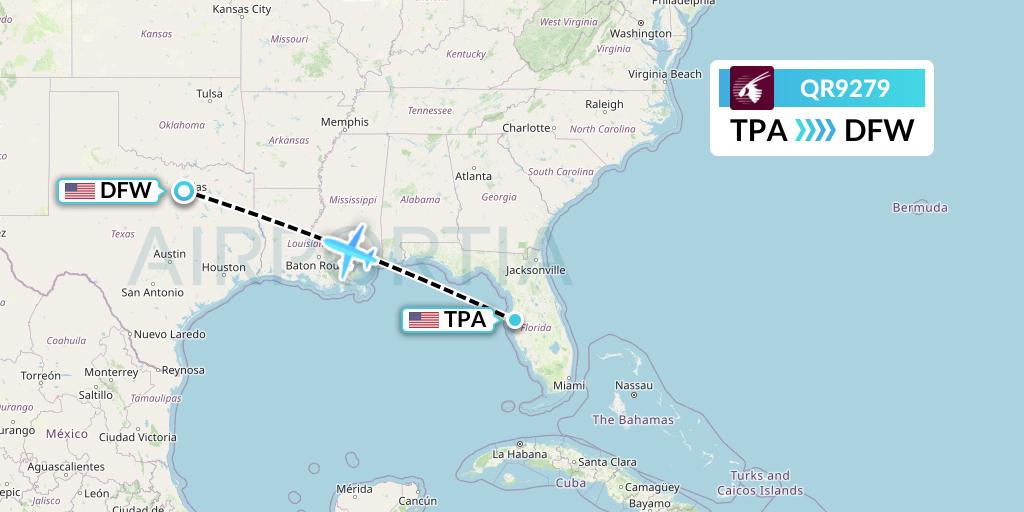 QR9279 Qatar Airways Flight Map: Tampa to Dallas