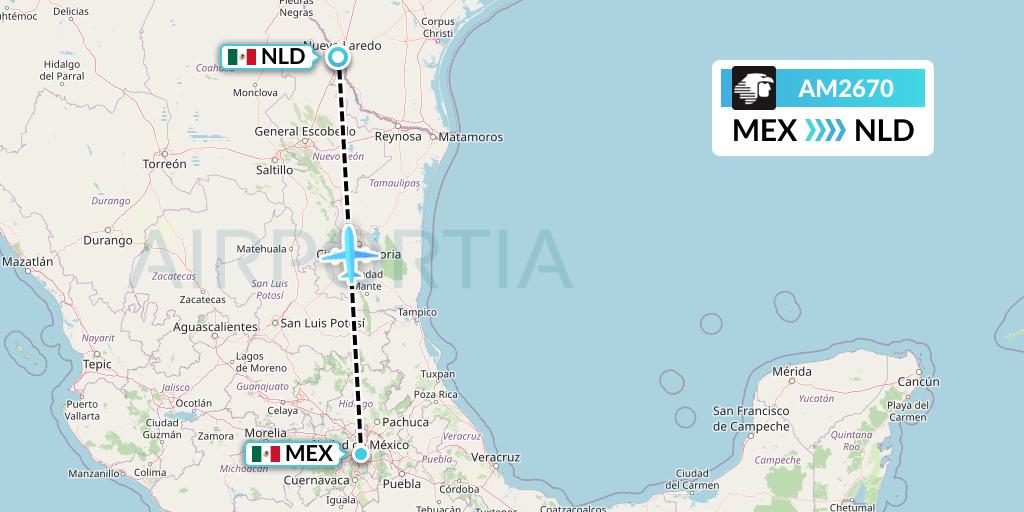 AM2670 Aeromexico Flight Map: Mexico City to Nuevo Laredo