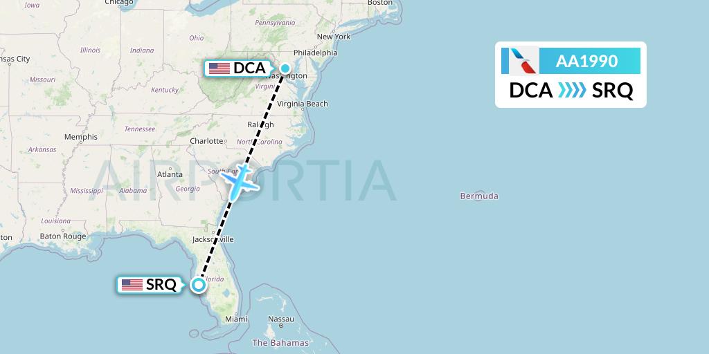 AA1990 American Airlines Flight Map: Washington to Sarasota