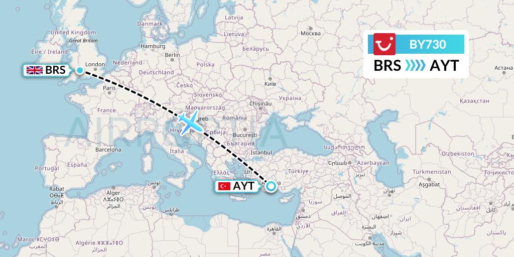 BY730 TUI Airways Flight Map: Bristol to Antalya