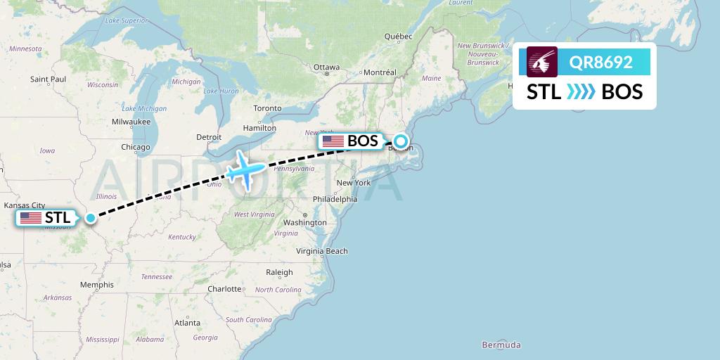 QR8692 Qatar Airways Flight Map: St. Louis to Boston