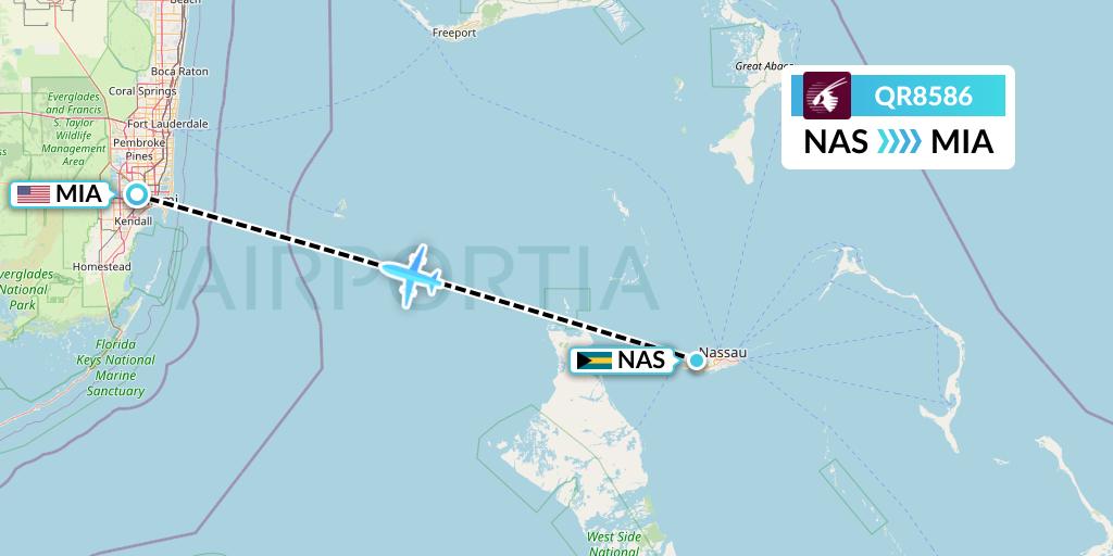 QR8586 Qatar Airways Flight Map: Nassau to Miami