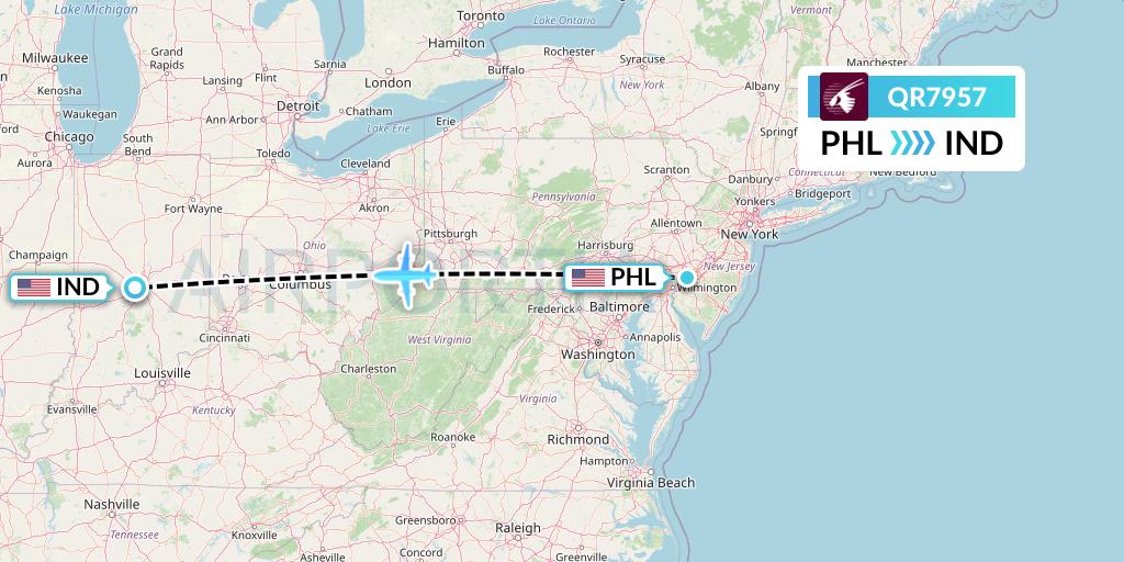 QR7957 Qatar Airways Flight Map: Philadelphia to Indianapolis