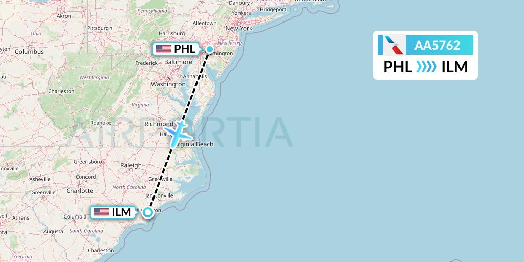 AA5762 American Airlines Flight Map: Philadelphia to Wilmington