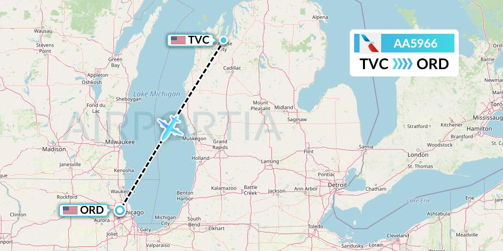 AA5966 American Airlines Flight Map: Traverse City to Chicago