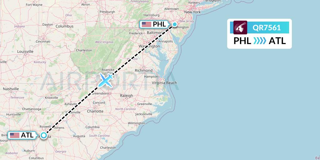 QR7561 Qatar Airways Flight Map: Philadelphia to Atlanta