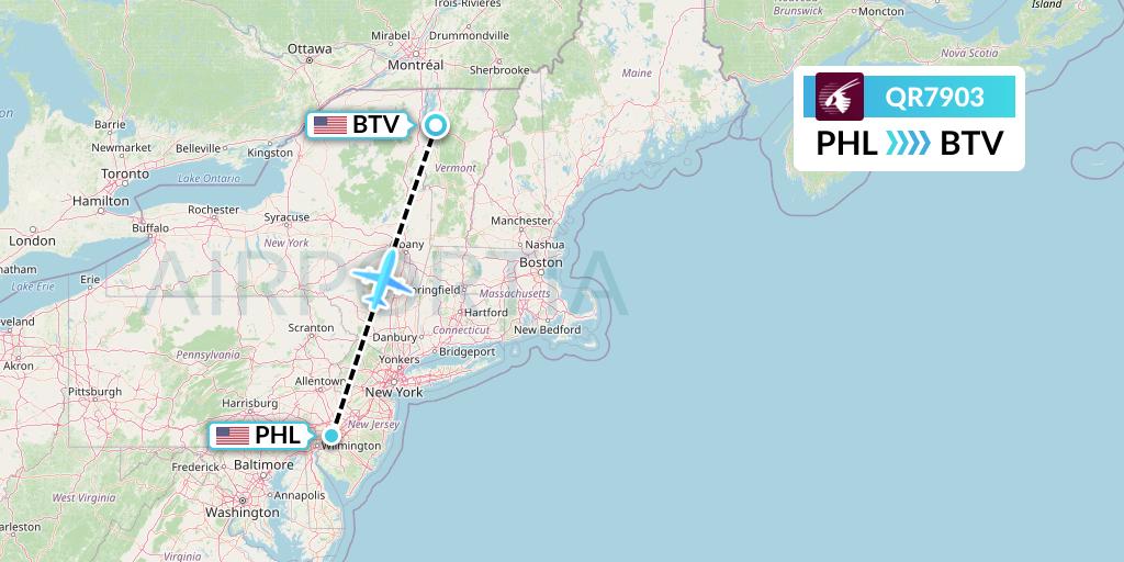 QR7903 Qatar Airways Flight Map: Philadelphia to Burlington