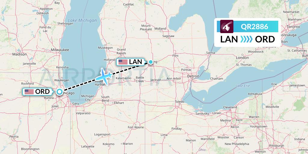 QR2886 Qatar Airways Flight Map: Lansing to Chicago