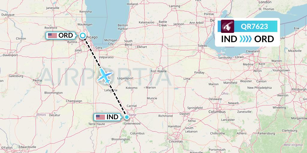 QR7623 Qatar Airways Flight Map: Indianapolis to Chicago