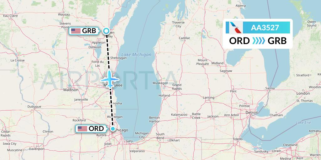 AA3527 American Airlines Flight Map: Chicago to Green Bay