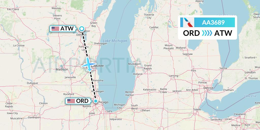 AA3689 American Airlines Flight Map: Chicago to Appleton