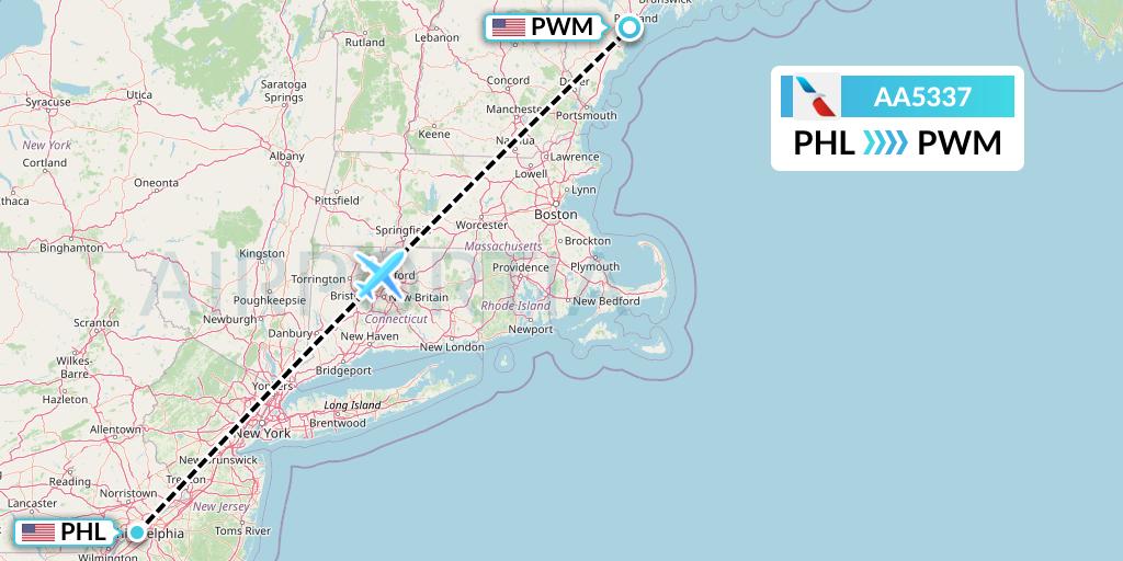AA5337 American Airlines Flight Map: Philadelphia to Portland