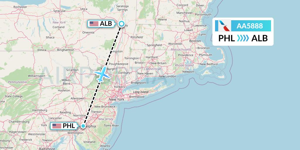 AA5888 American Airlines Flight Map: Philadelphia to Albany