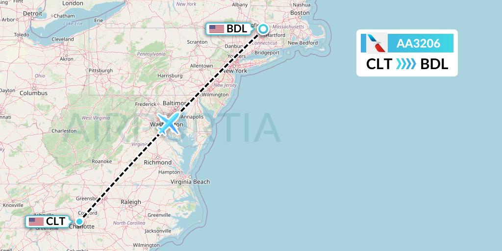 AA3206 American Airlines Flight Map: Charlotte to Windsor Locks