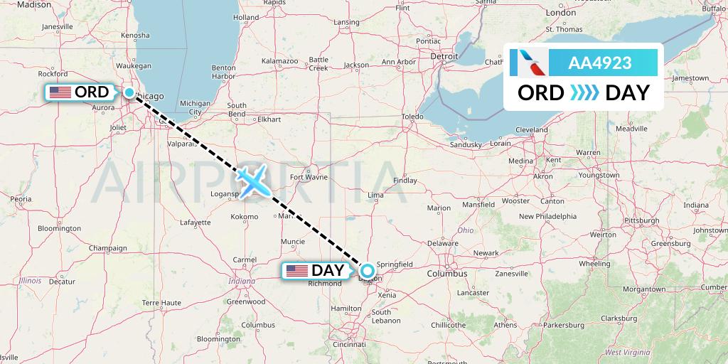 AA4923 American Airlines Flight Map: Chicago to Dayton
