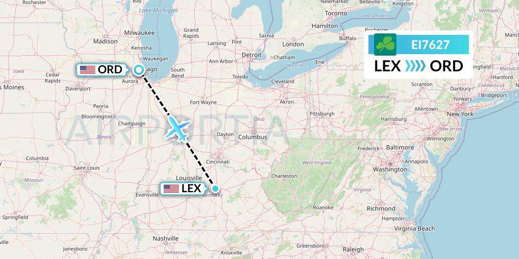 EI7627 Aer Lingus Flight Map: Lexington to Chicago