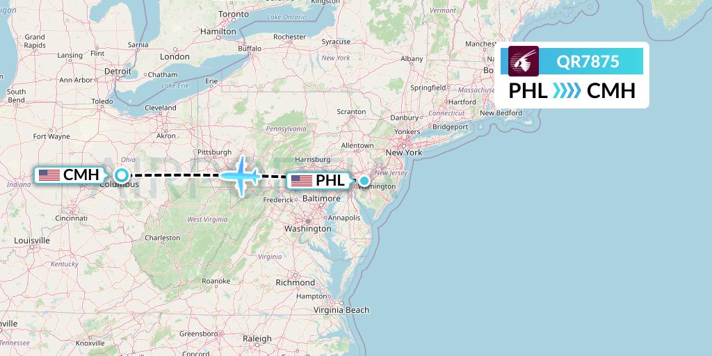 QR7875 Qatar Airways Flight Map: Philadelphia to Columbus