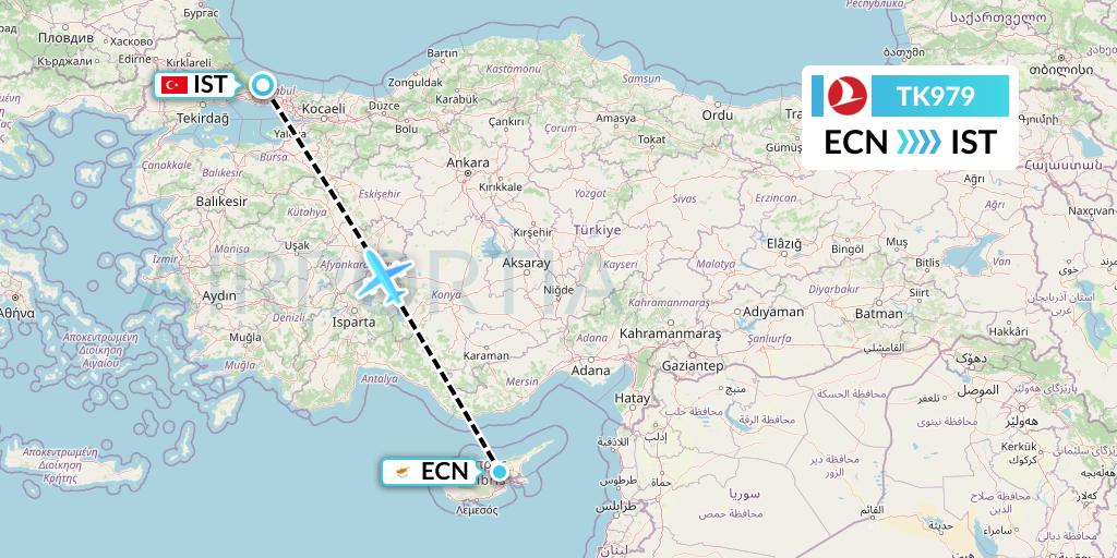 TK979 Turkish Airlines Flight Map: Tymvou to Istanbul