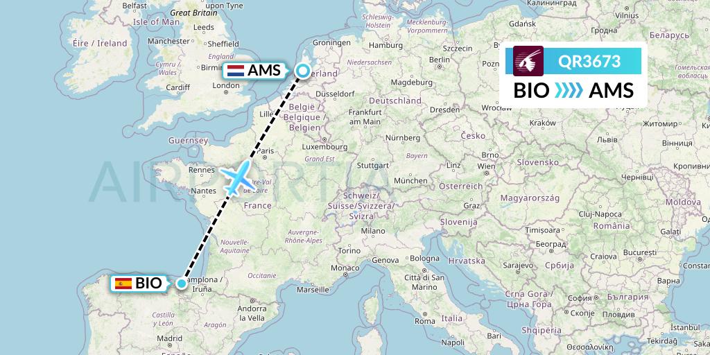 QR3673 Qatar Airways Flight Map: Bilbao to Amsterdam