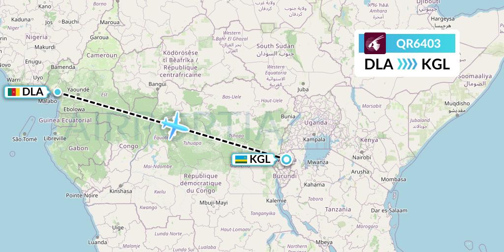 QR6403 Qatar Airways Flight Map: Douala to Kigali