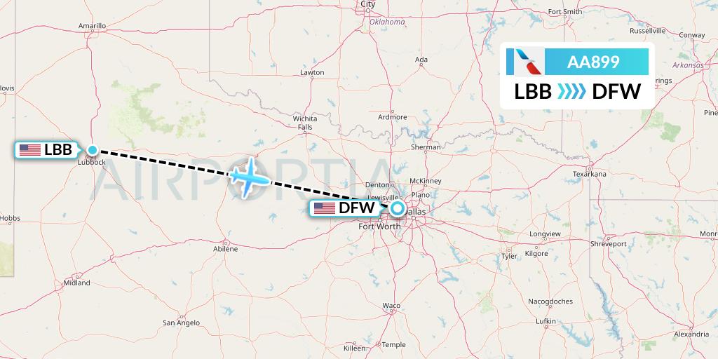 AA899 American Airlines Flight Map: Lubbock to Dallas