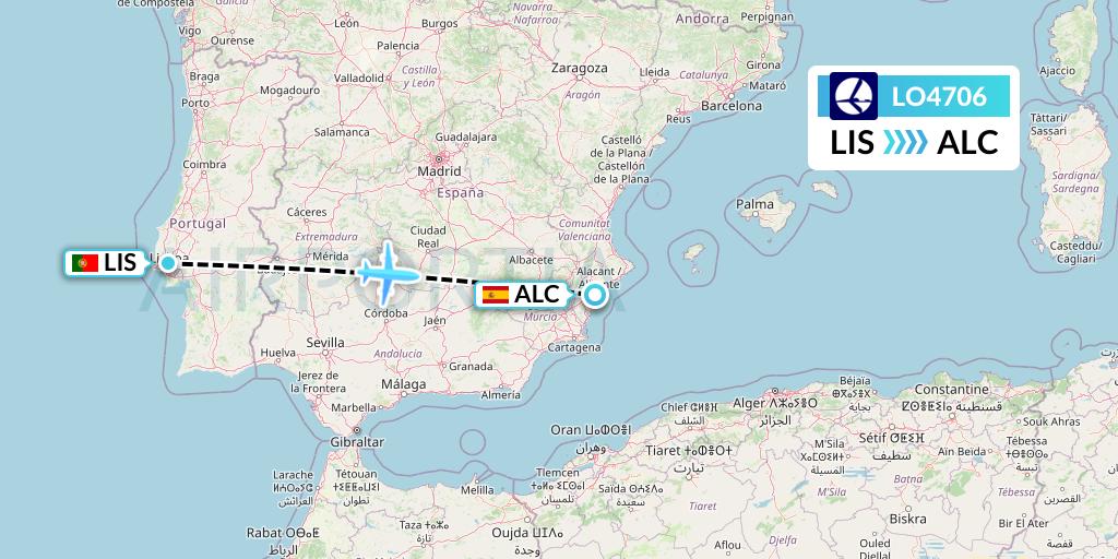 LO4706 LOT Flight Map: Lisbon to Alicante