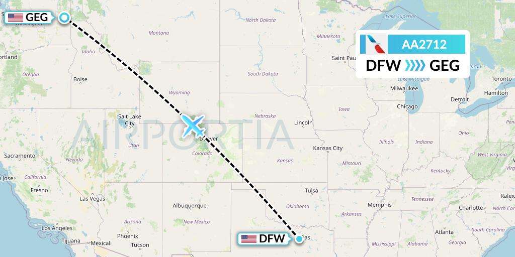 AA2712 American Airlines Flight Map: Dallas to Spokane