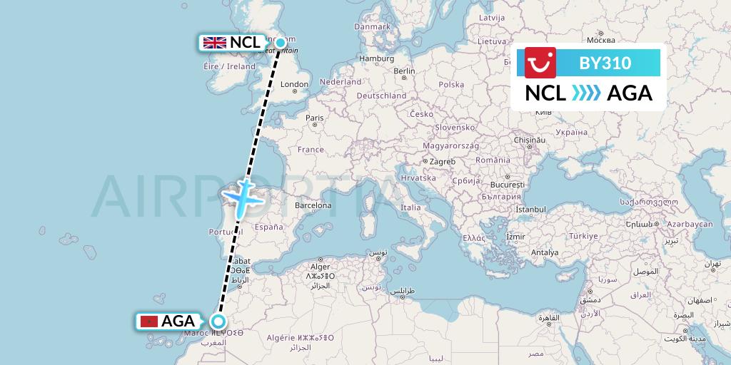 BY310 TUI Airways Flight Map: Newcastle to Agadir