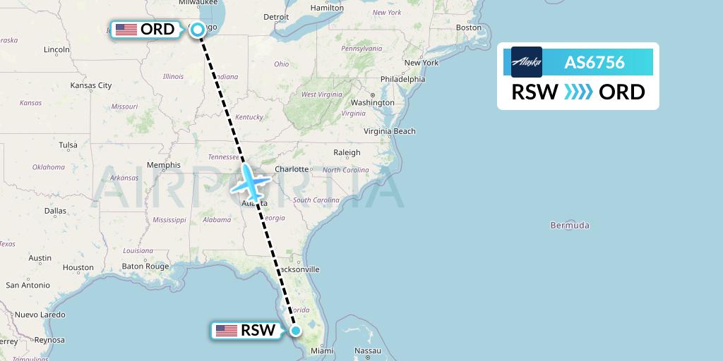 AS6756 Alaska Airlines Flight Map: Fort Myers to Chicago