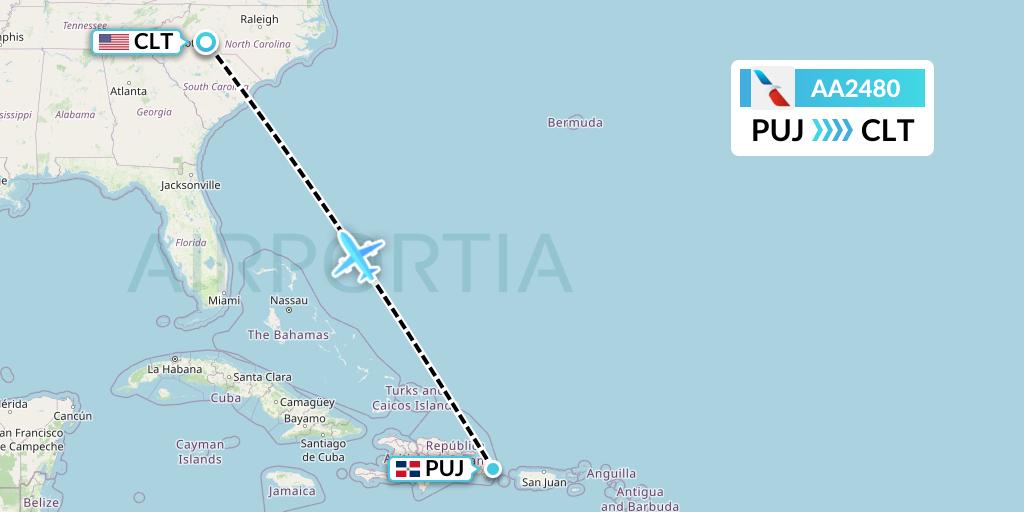 AA2480 American Airlines Flight Map: Punta Cana to Charlotte