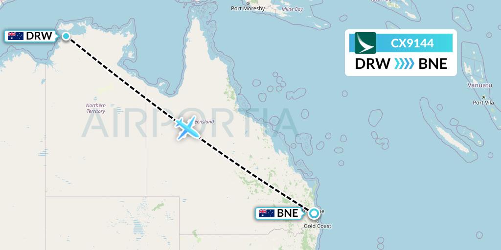CX9144 Cathay Pacific Flight Map: Darwin to Brisbane