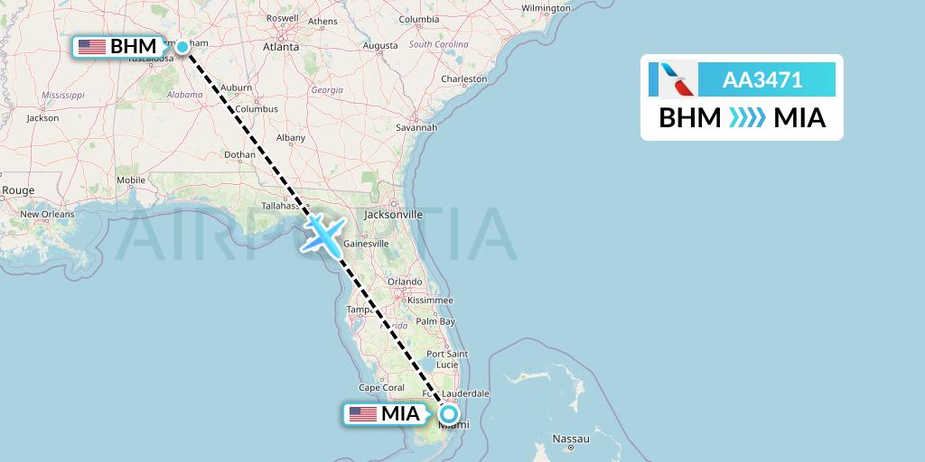 AA3471 American Airlines Flight Map: Birmingham to Miami