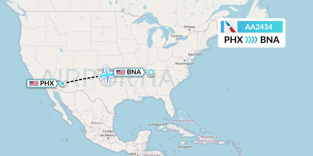 AA2434 American Airlines Flight Map: Phoenix to Nashville