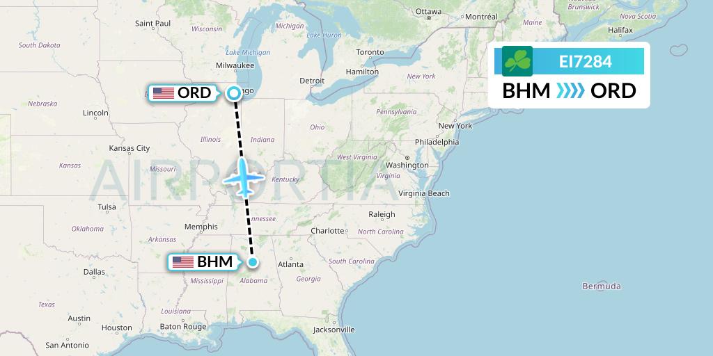 EI7284 Aer Lingus Flight Map: Birmingham to Chicago
