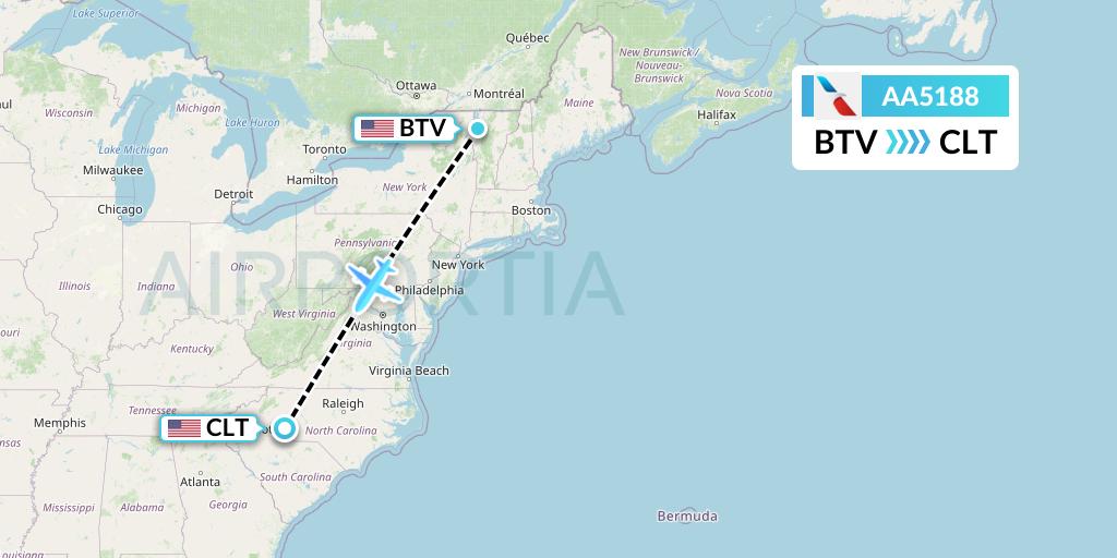 AA5188 American Airlines Flight Map: Burlington to Charlotte