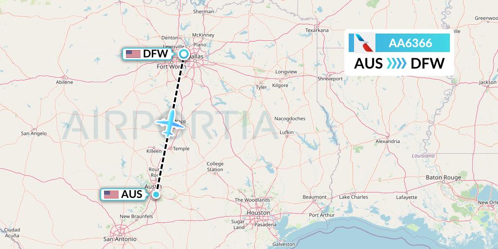 AA6366 American Airlines Flight Map: Austin to Dallas