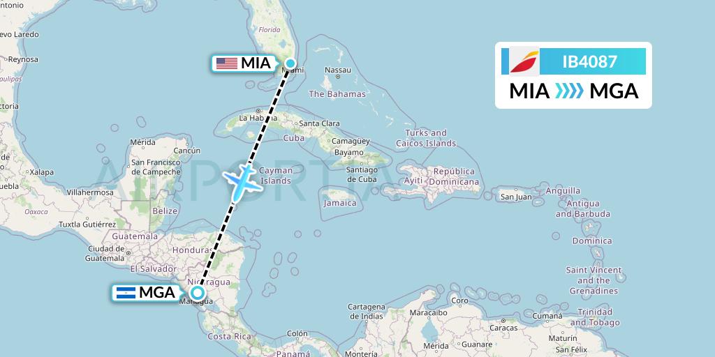IB4087 Iberia Flight Map: Miami to Managua