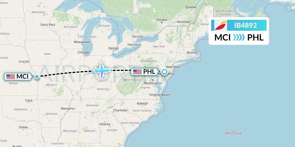 IB4892 Iberia Flight Map: Kansas City to Philadelphia