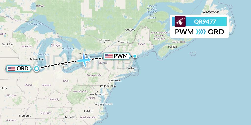 QR9477 Qatar Airways Flight Map: Portland to Chicago