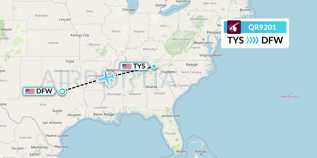 QR9201 Qatar Airways Flight Map: Knoxville to Dallas