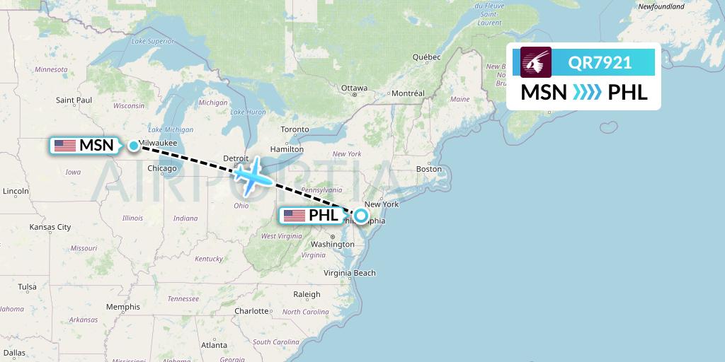 QR7921 Qatar Airways Flight Map: Madison to Philadelphia