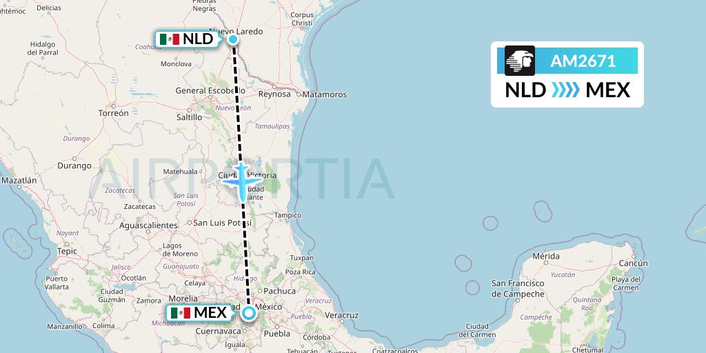 AM2671 Aeromexico Flight Map: Nuevo Laredo to Mexico City