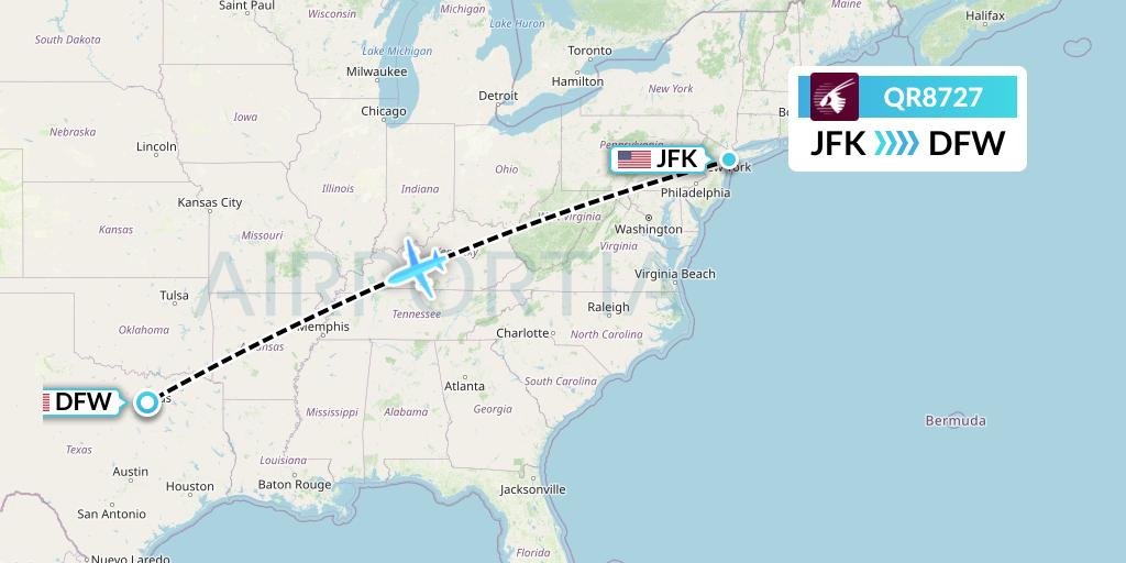 QR8727 Qatar Airways Flight Map: New York to Dallas
