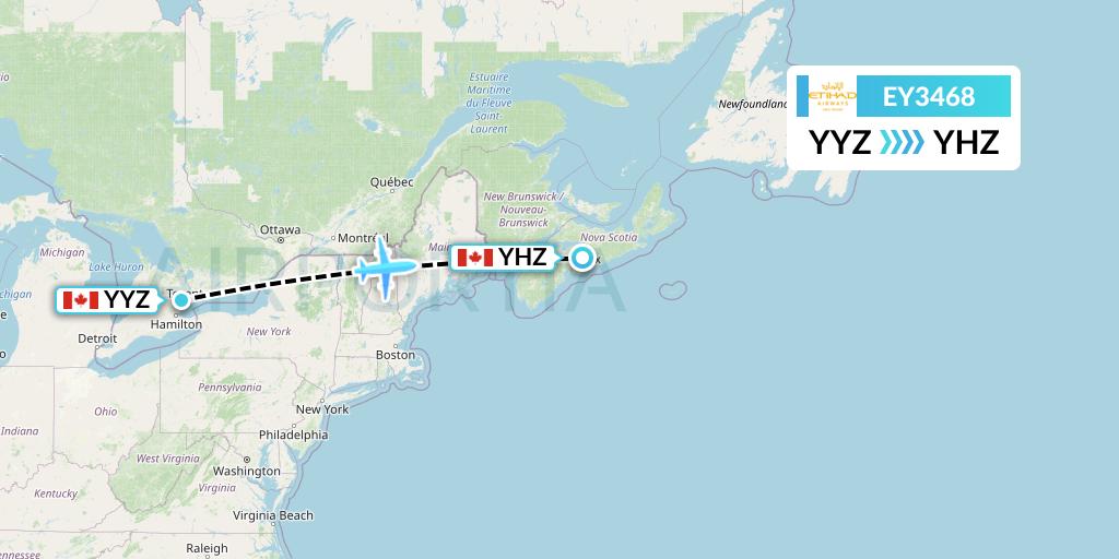 EY3468 Etihad Airways Flight Map: Toronto to Halifax