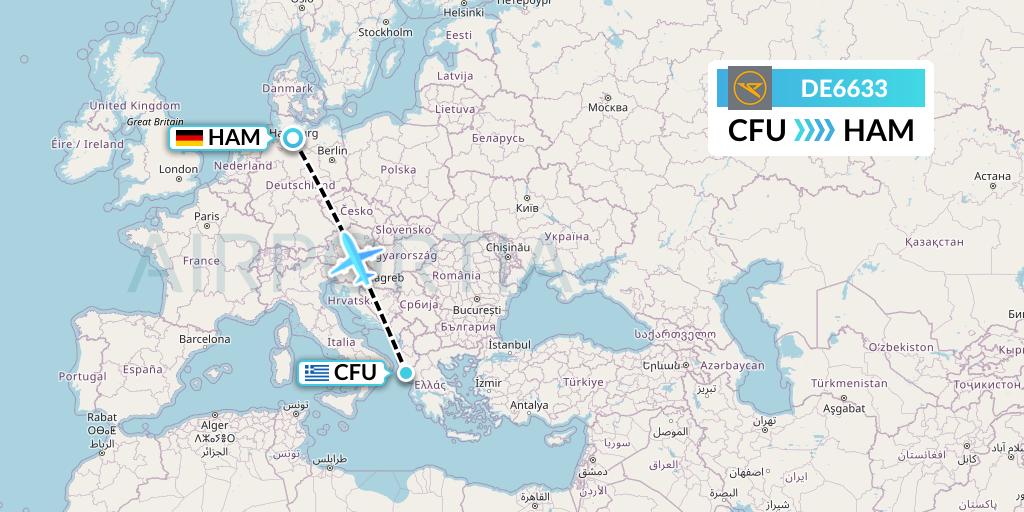 DE6633 Condor Flight Map: Corfu to Hamburg