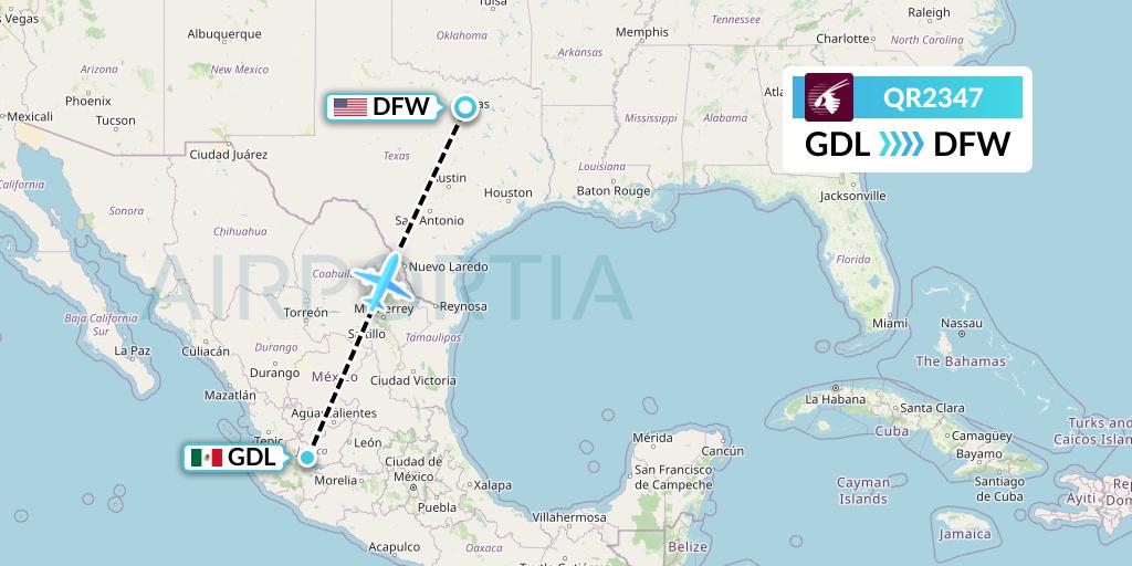 QR2347 Qatar Airways Flight Map: Guadalajara to Dallas