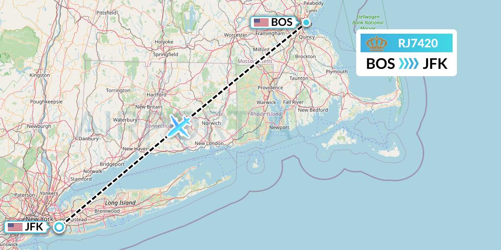 RJ7420 Royal Jordanian Flight Map: Boston to New York