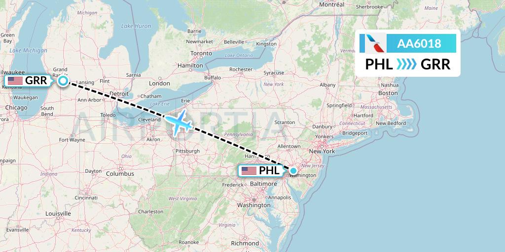 AA6018 American Airlines Flight Map: Philadelphia to Grand Rapids